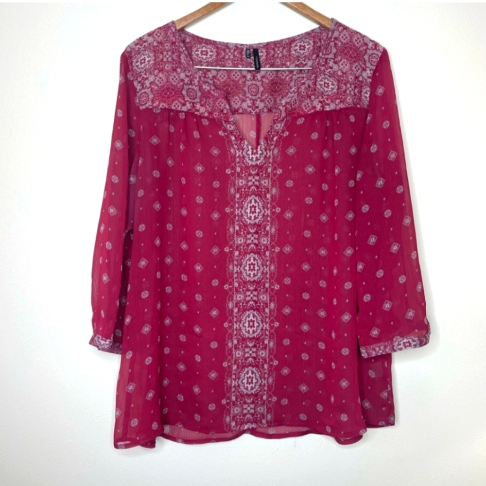 Maurices XXL Burgundy Boho Paisley Blouse – Sheer 3/4 Sleeve Festival Top